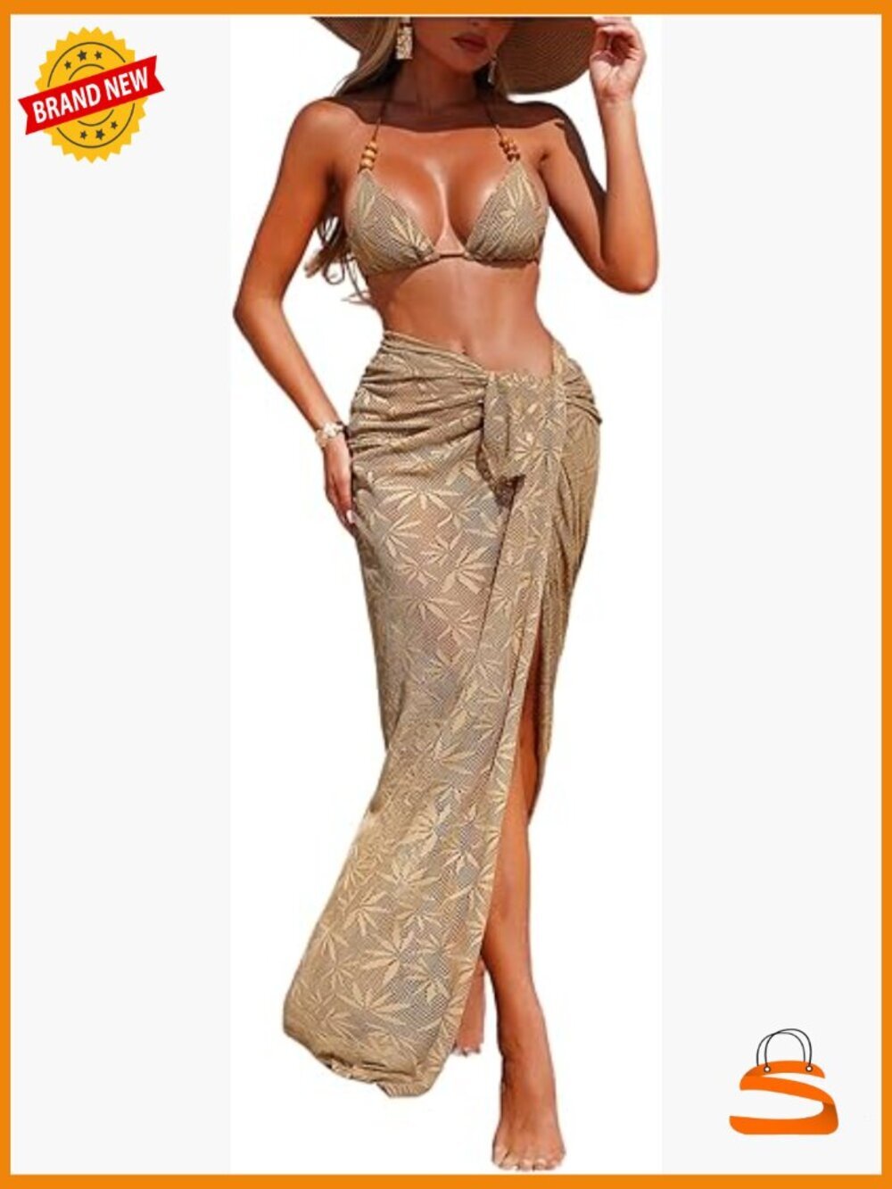 Large Crochet Beaded Halter Triangle Bikini Set With Sarong